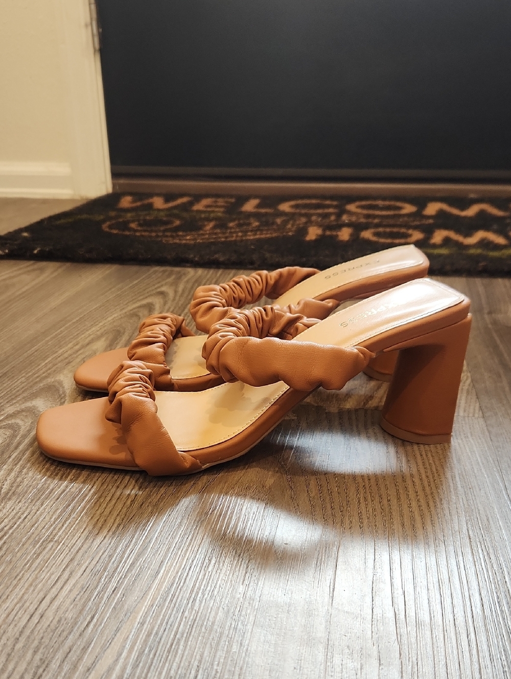 Express Tan Ruched Strap Block Heel Sandals - Women